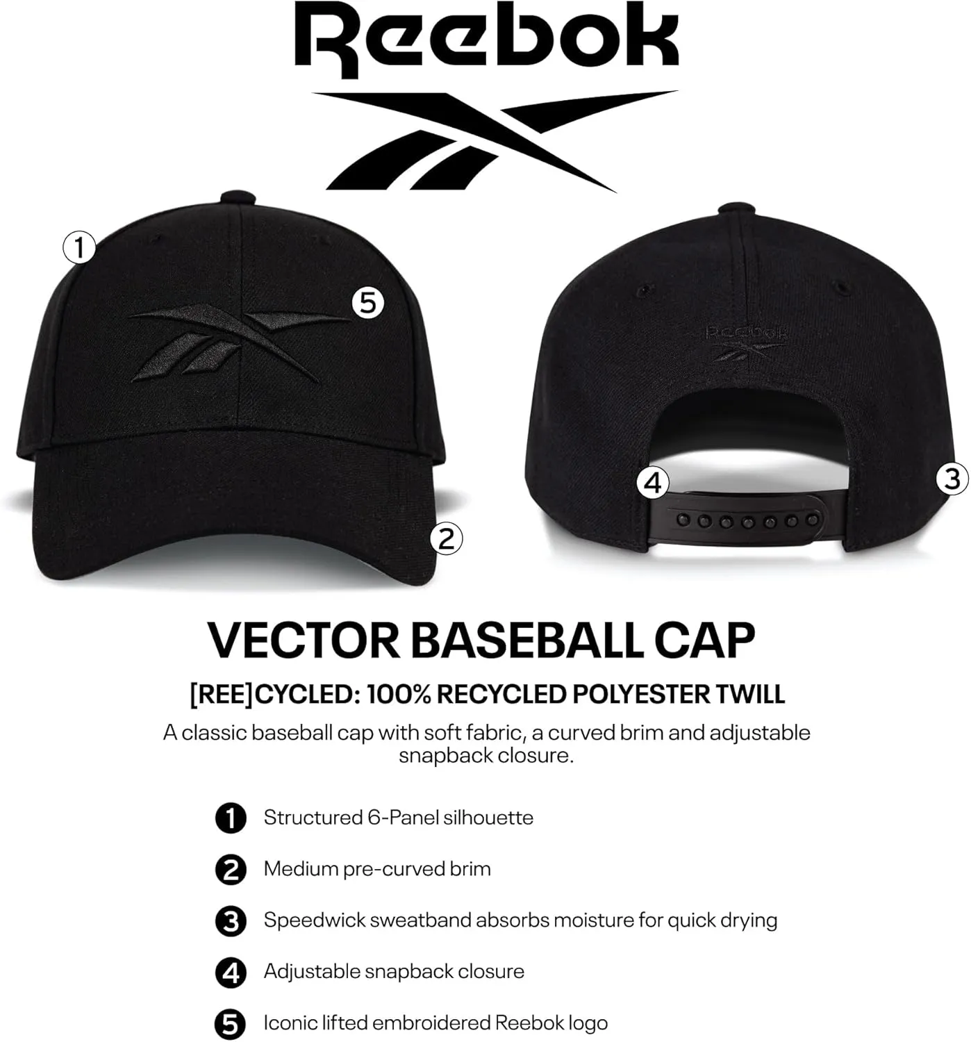 Reebok Vector Hat | Snapback | Adjustable | Everyday | Fitness | Sun Protection | Classic | Baseball Cap