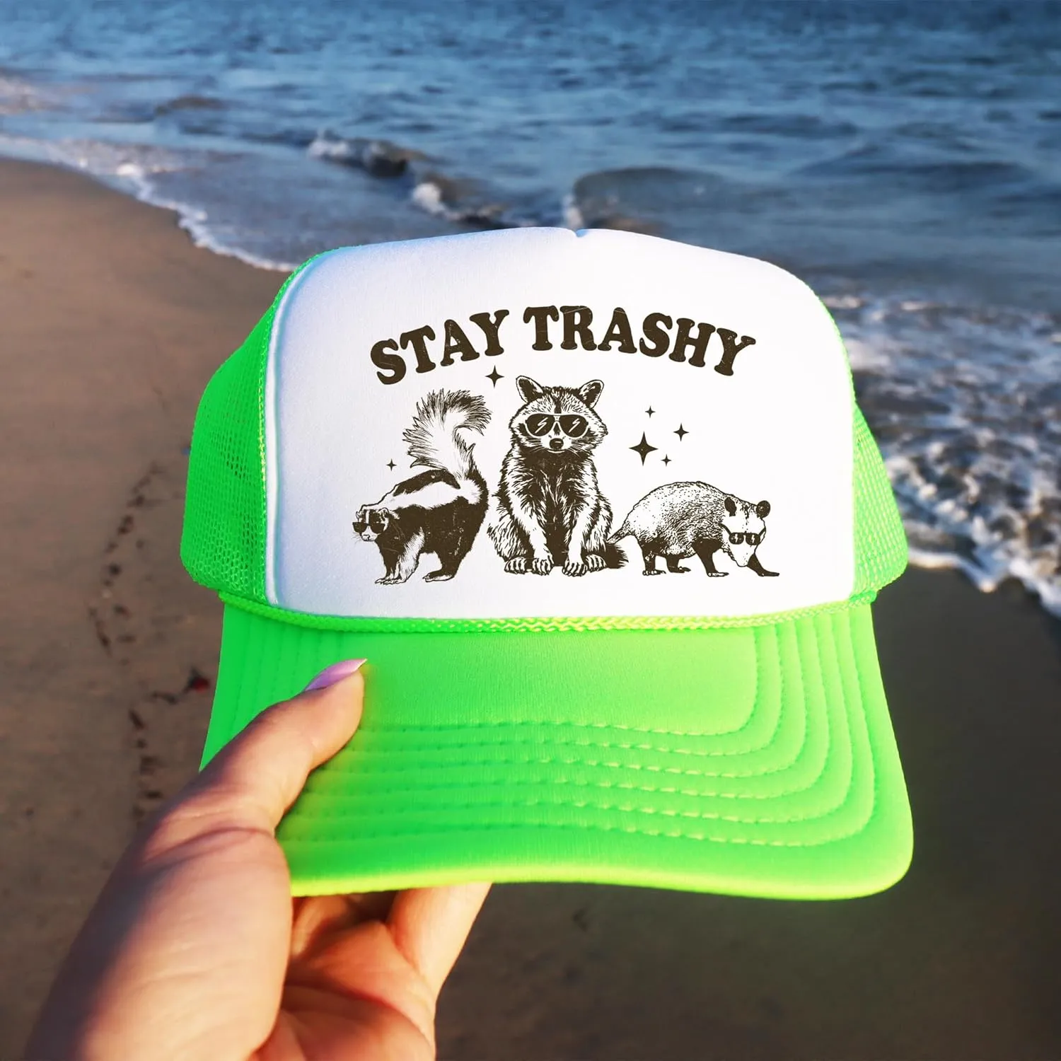Stay Trashy Funny Raccoon Graphic Classic 5 Panel Mesh Snap Back Trucker Hat