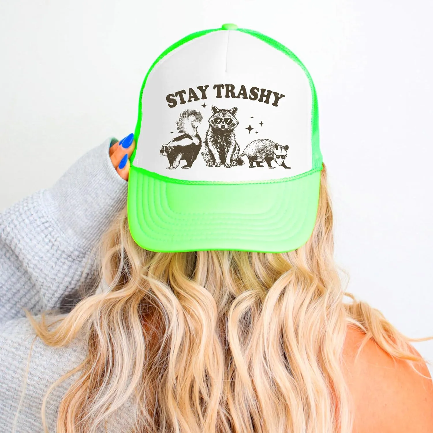 Stay Trashy Funny Raccoon Graphic Classic 5 Panel Mesh Snap Back Trucker Hat