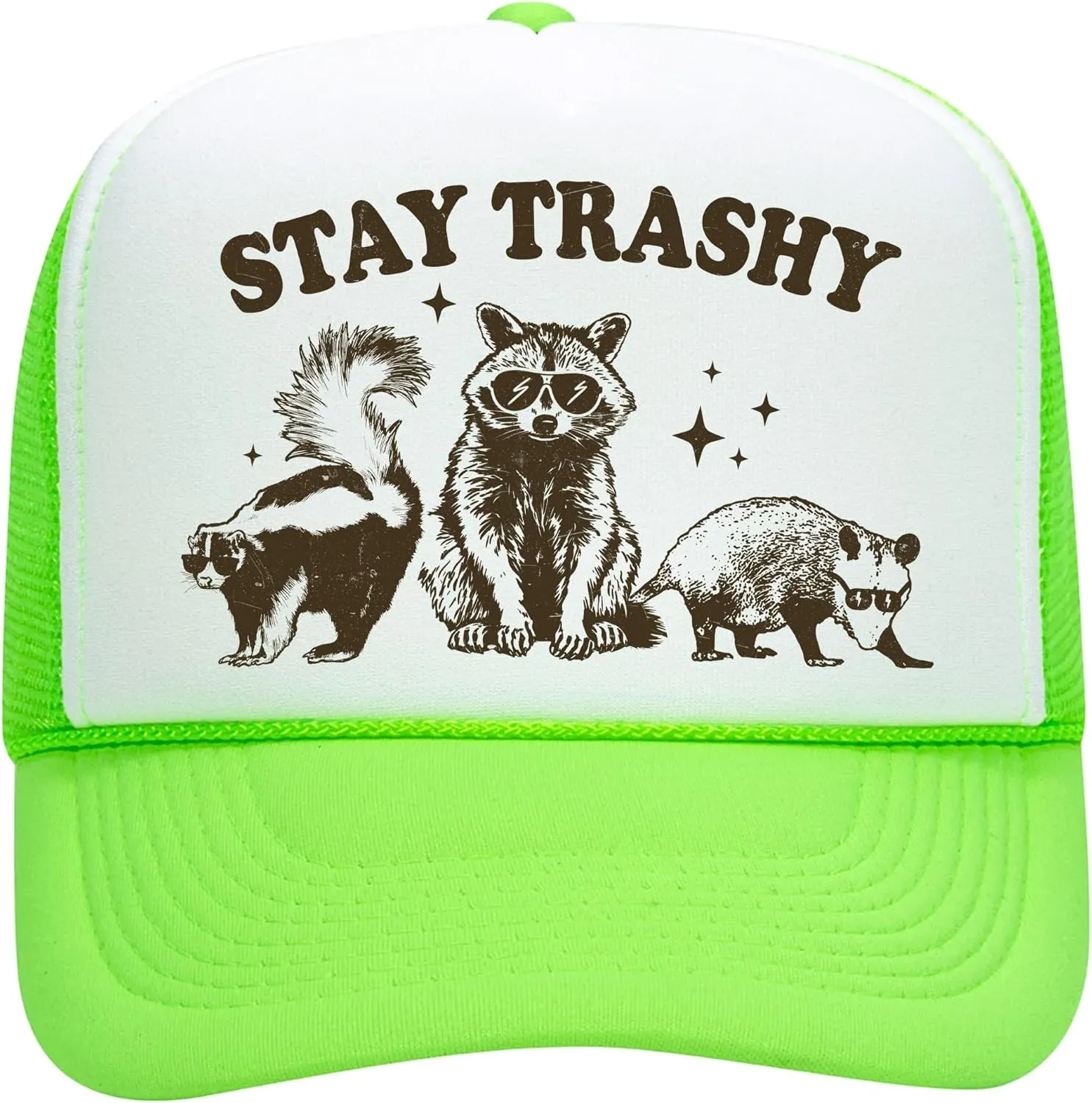 Stay Trashy Funny Raccoon Graphic Classic 5 Panel Mesh Snap Back Trucker Hat