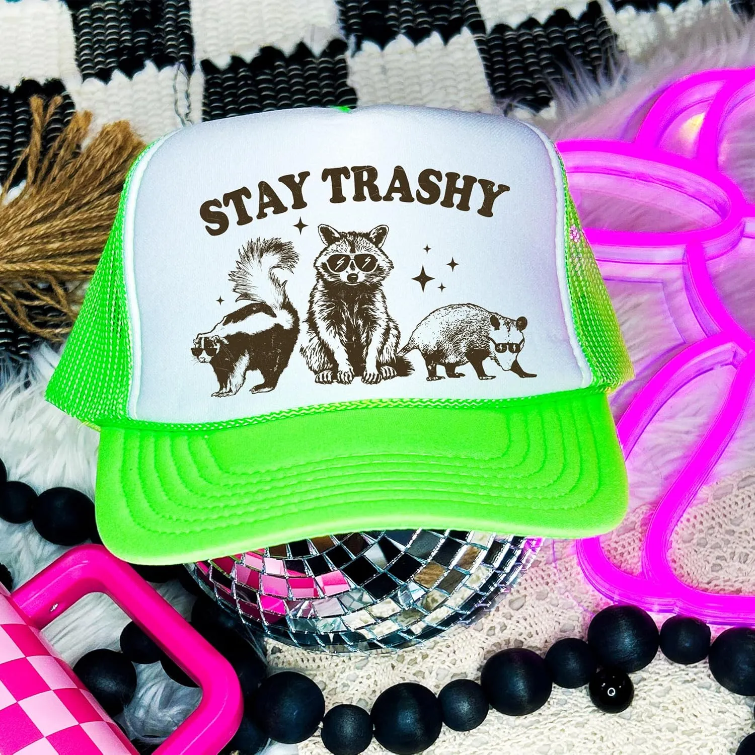 Stay Trashy Funny Raccoon Graphic Classic 5 Panel Mesh Snap Back Trucker Hat