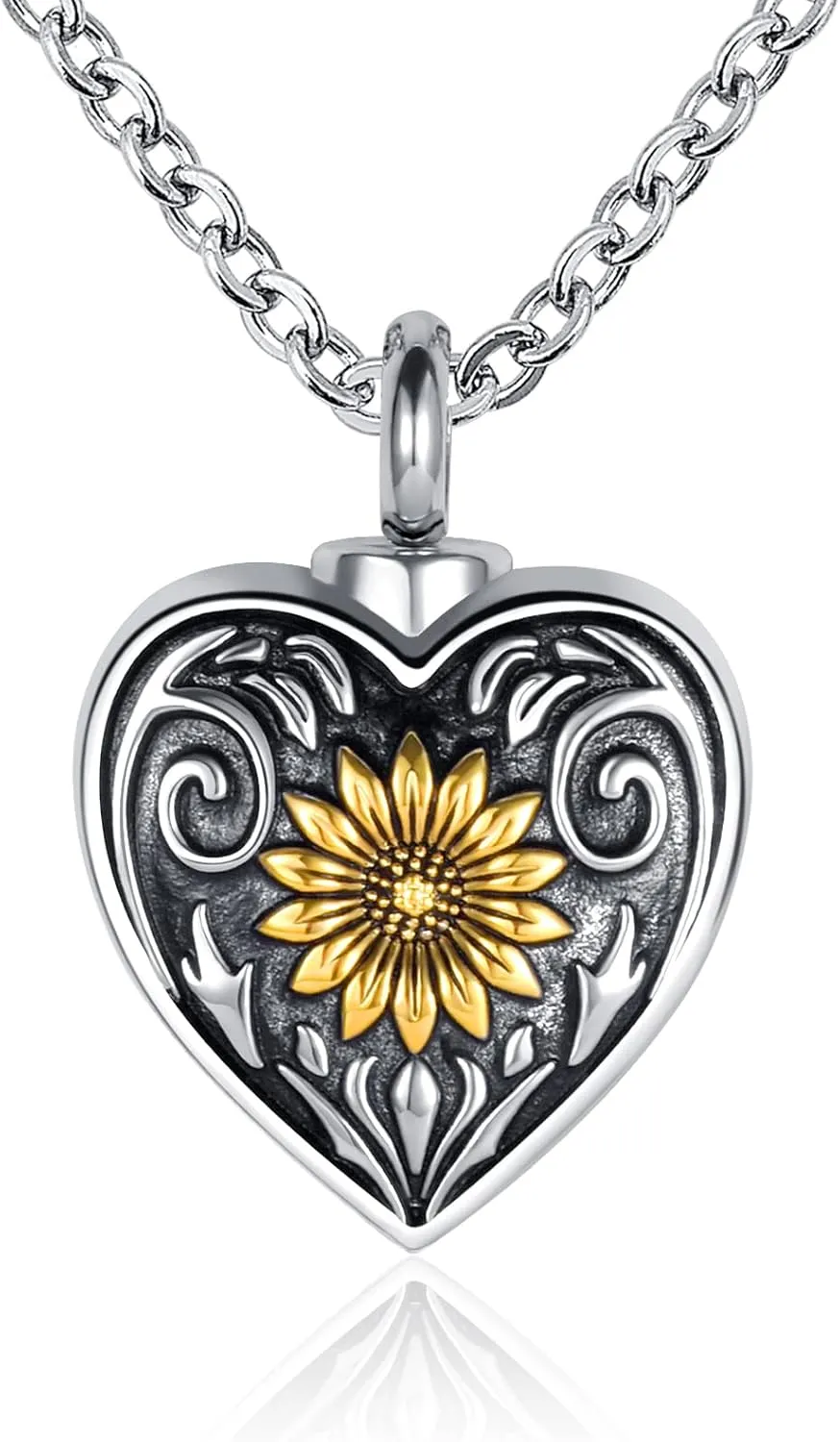 Sunflower Cremation Urn Necklace for Ashes Women Men Heart Keepsake Memorial Pendant Jewelry Gift for Human Ashes