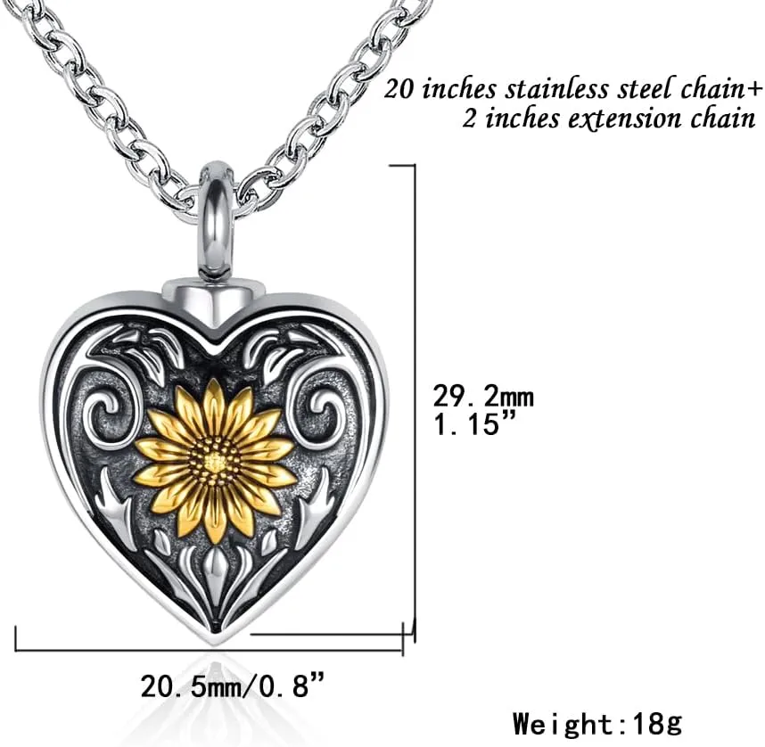 Sunflower Cremation Urn Necklace for Ashes Women Men Heart Keepsake Memorial Pendant Jewelry Gift for Human Ashes