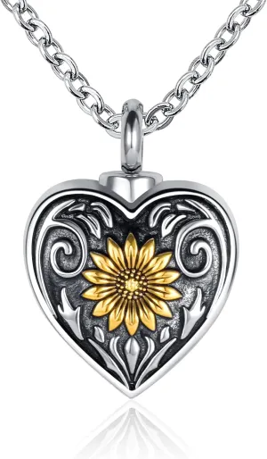 Sunflower Cremation Urn Necklace for Ashes Women Men Heart Keepsake Memorial Pendant Jewelry Gift for Human Ashes