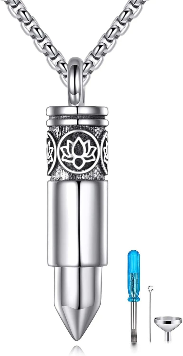 Urn Necklace for Ashes 925 Sterling Silver Bullet Cremation Pendant Memorial Ashes Jewelry Gift for Men Women