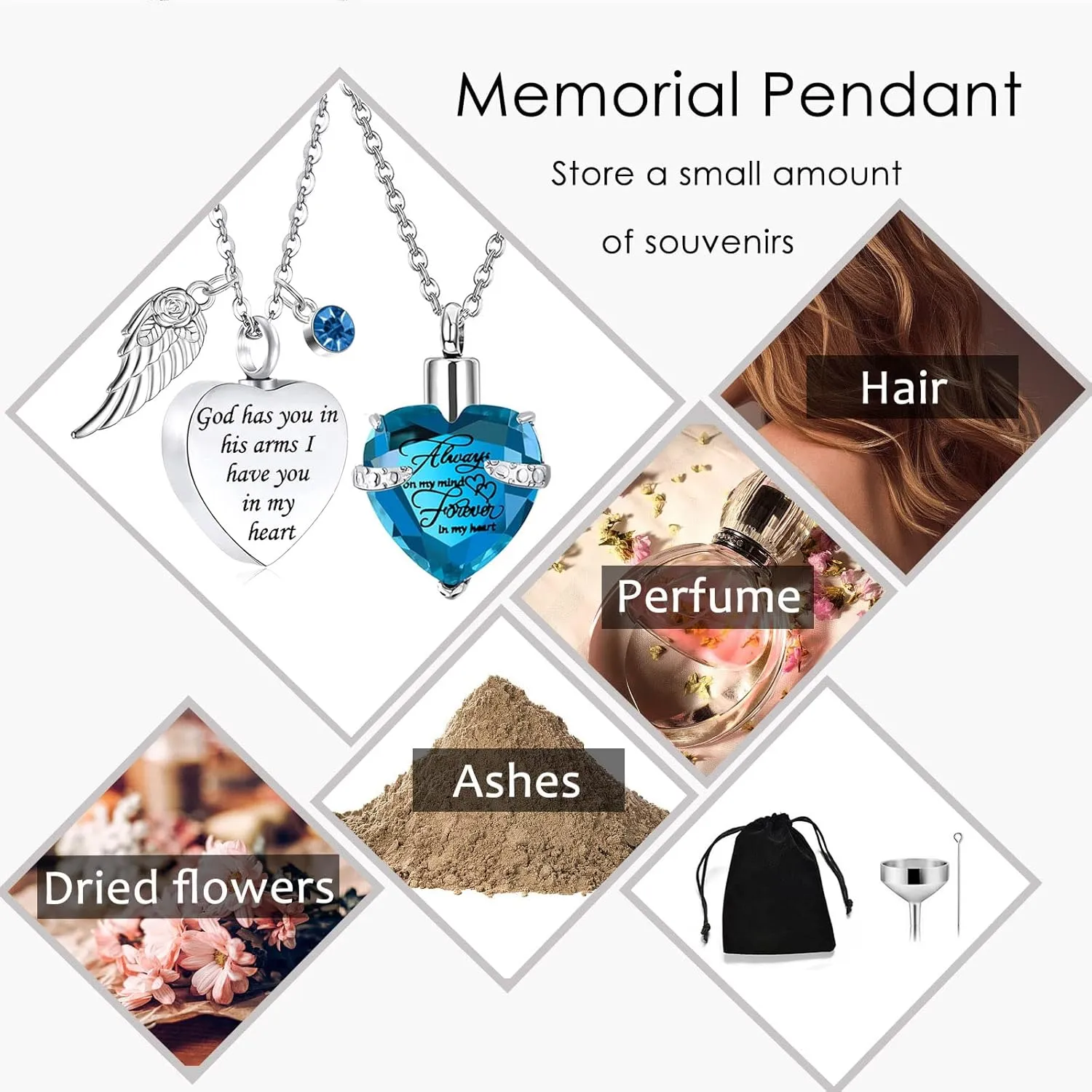 weikui 2 Pieces Cremation Urn Necklace Heart Ashes Necklace Carved Locket Stainless Steel Waterproof Memorial Pendant with Angel Wing Birthstone and Filling Kit Always on My Mind-Forever in my heart