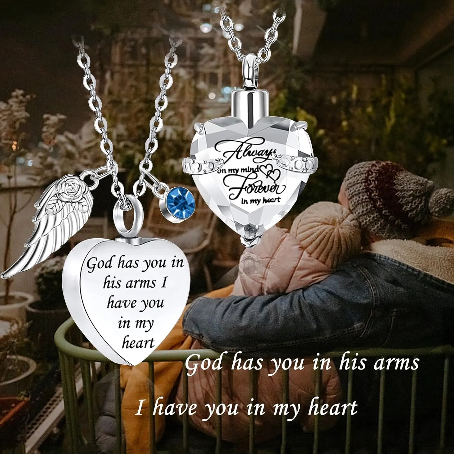 weikui 2 Pieces Cremation Urn Necklace Heart Ashes Necklace Carved Locket Stainless Steel Waterproof Memorial Pendant with Angel Wing Birthstone and Filling Kit Always on My Mind-Forever in my heart