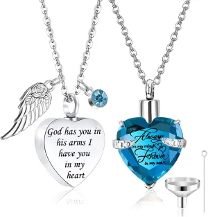 weikui 2 Pieces Cremation Urn Necklace Heart Ashes Necklace Carved Locket Stainless Steel Waterproof Memorial Pendant with Angel Wing Birthstone and Filling Kit Always on My Mind-Forever in my heart