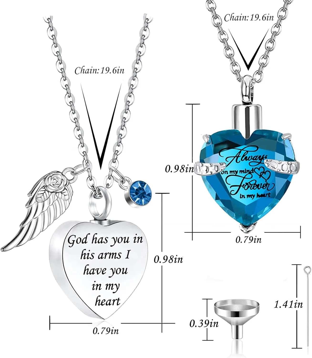 weikui 2 Pieces Cremation Urn Necklace Heart Ashes Necklace Carved Locket Stainless Steel Waterproof Memorial Pendant with Angel Wing Birthstone and Filling Kit Always on My Mind-Forever in my heart