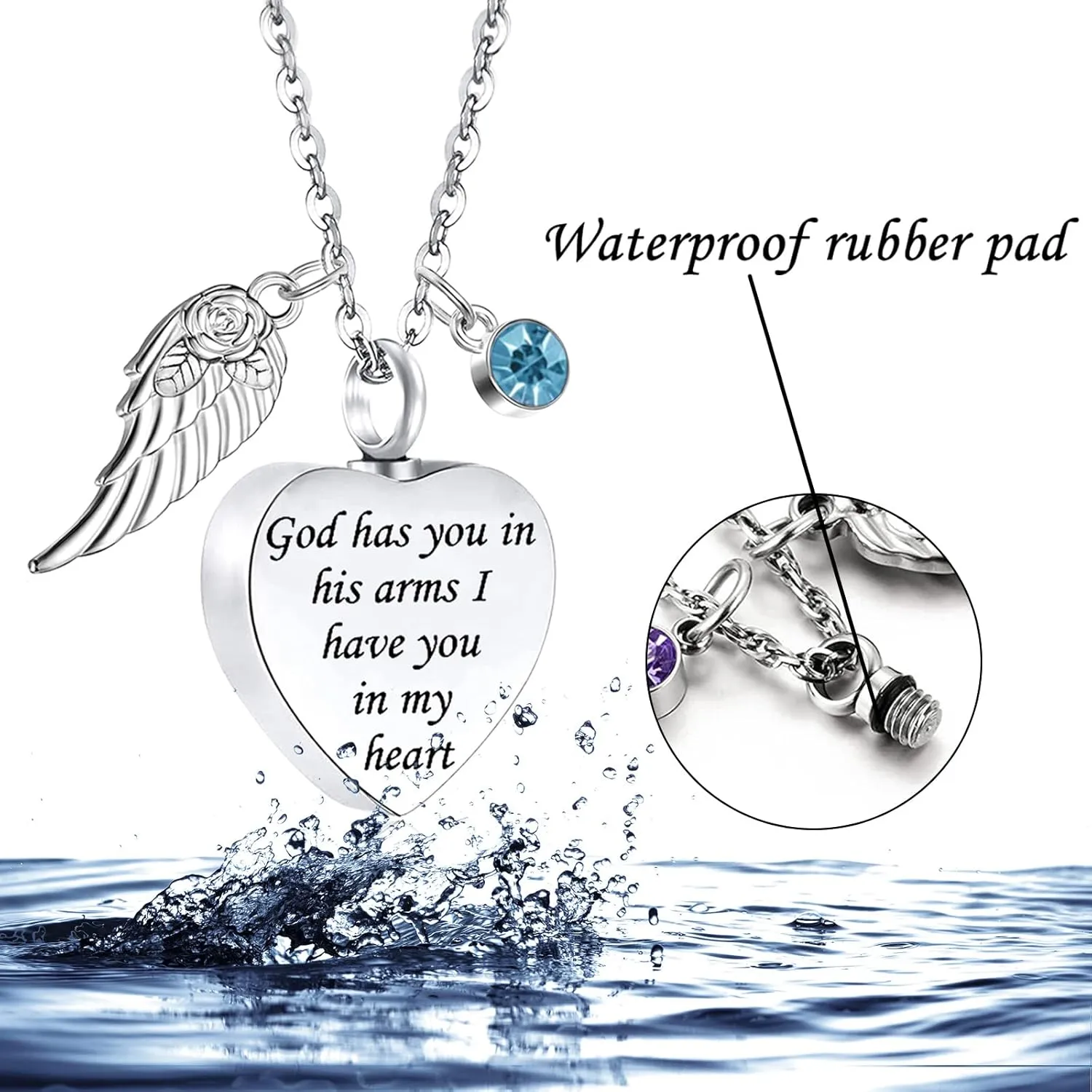 weikui 2 Pieces Cremation Urn Necklace Heart Ashes Necklace Carved Locket Stainless Steel Waterproof Memorial Pendant with Angel Wing Birthstone and Filling Kit Always on My Mind-Forever in my heart