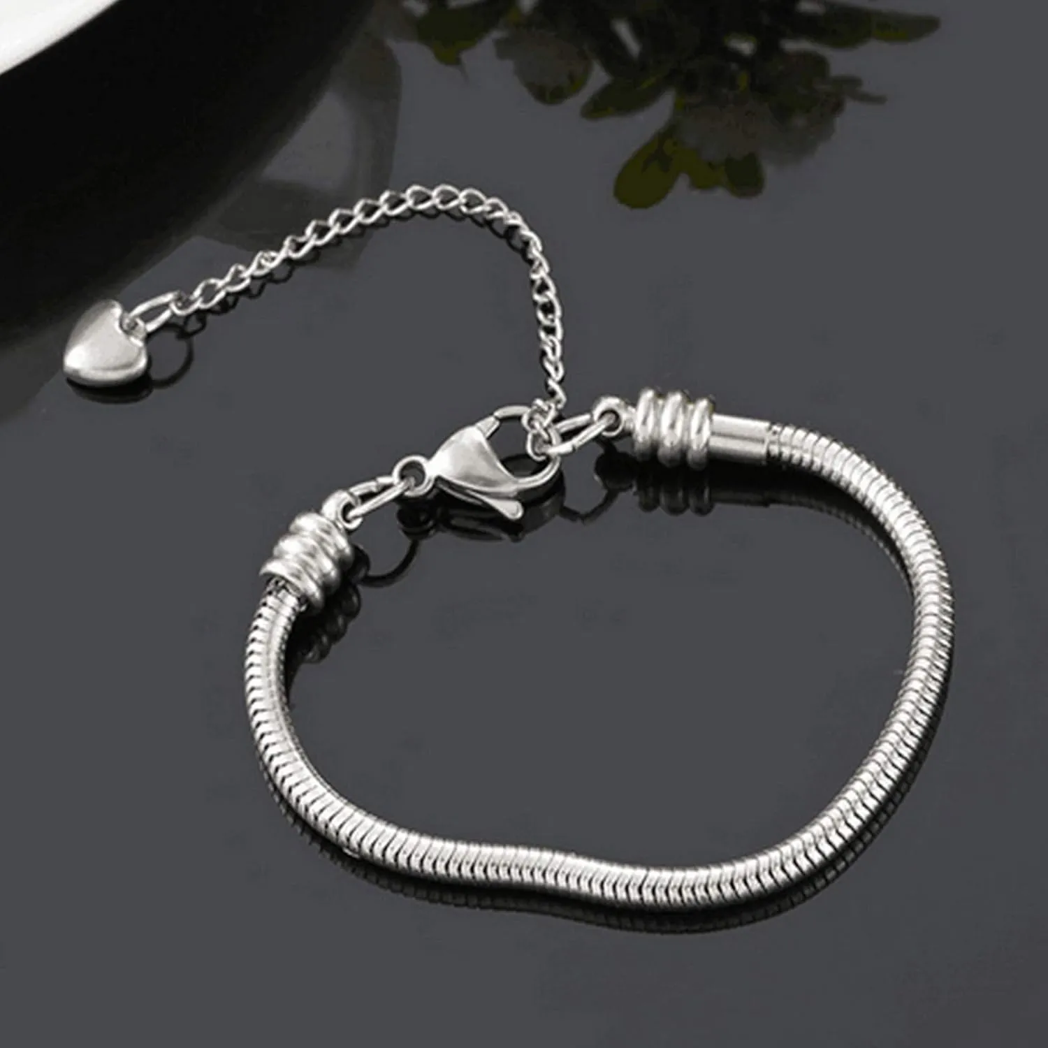 Women Moments Slider Charms Bracelet 3mm Stainless Steel Snake Chain Bracelet fits Standard Size Charm Beads, 5-12 Inch