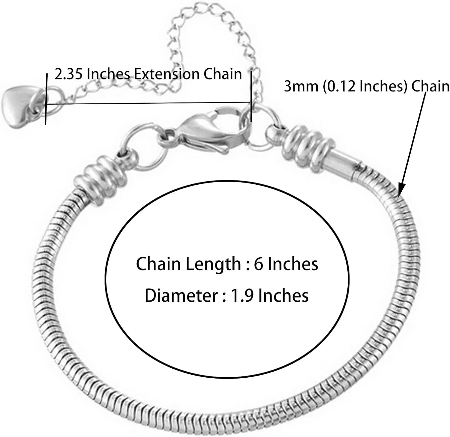 Women Moments Slider Charms Bracelet 3mm Stainless Steel Snake Chain Bracelet fits Standard Size Charm Beads, 5-12 Inch