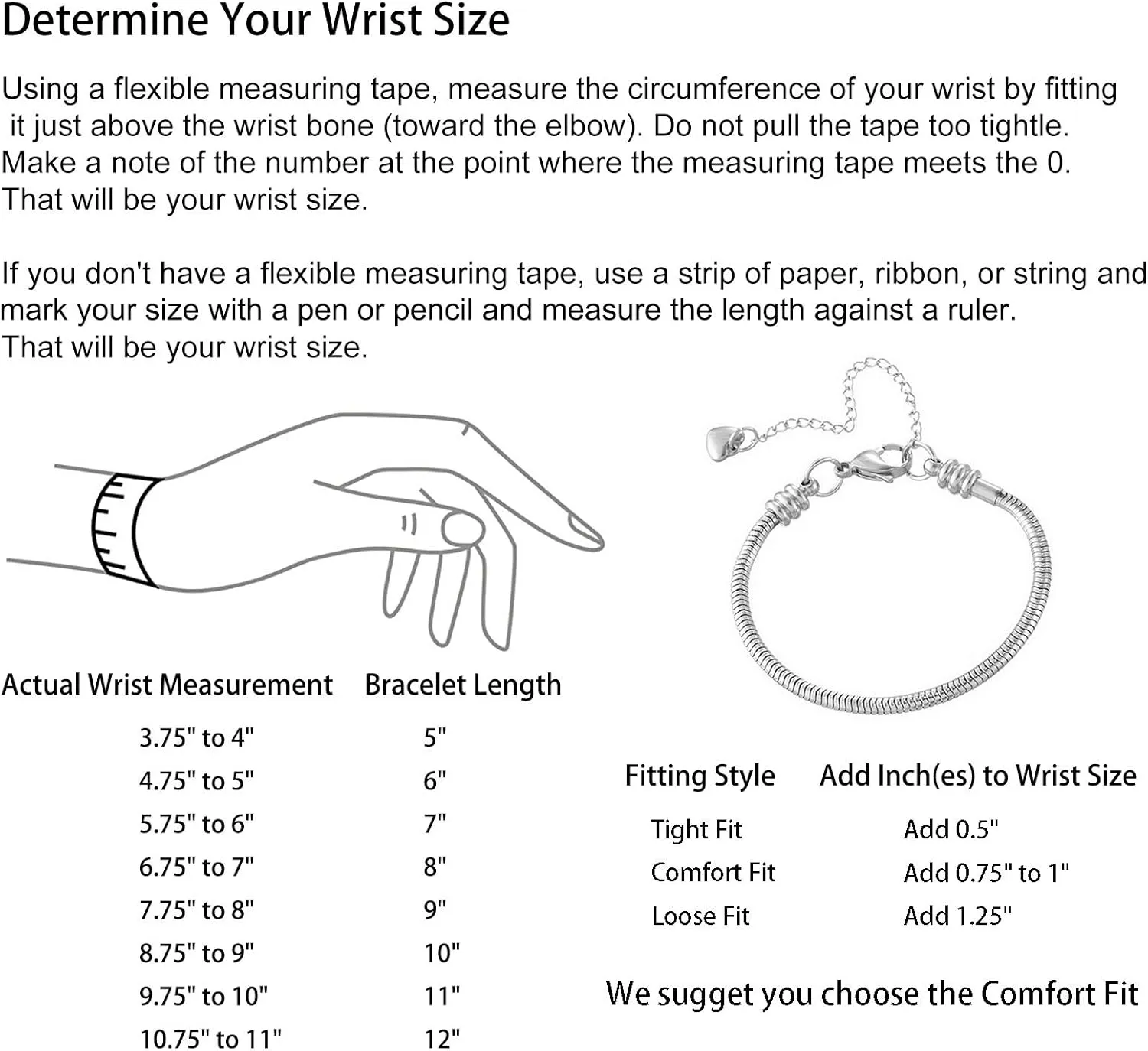 Women Moments Slider Charms Bracelet 3mm Stainless Steel Snake Chain Bracelet fits Standard Size Charm Beads, 5-12 Inch