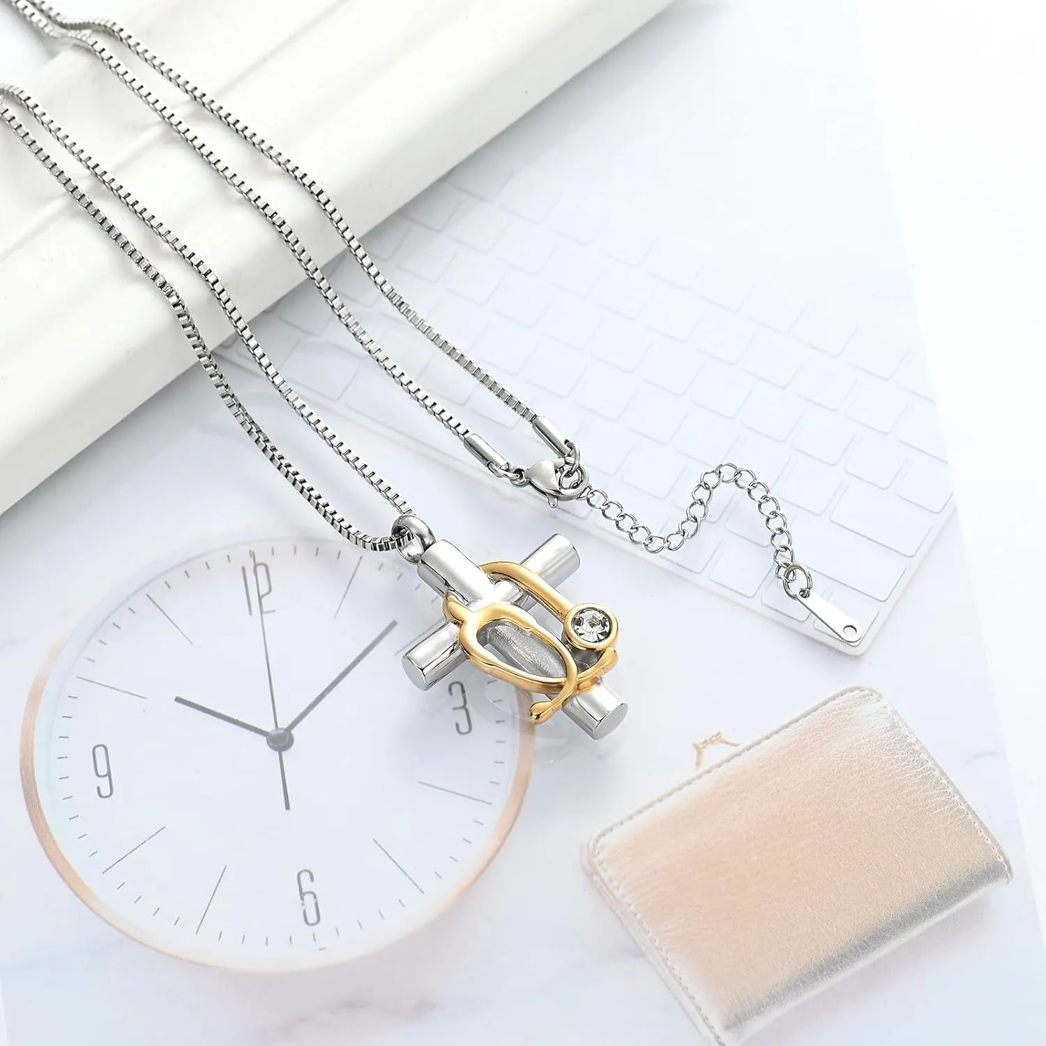 XSMZB Stethoscope Cross Urn Necklace for Ashes for Women Men Cremation Jewelry Human Pet Ash Holder Keepsake Pendant Memorial Locket