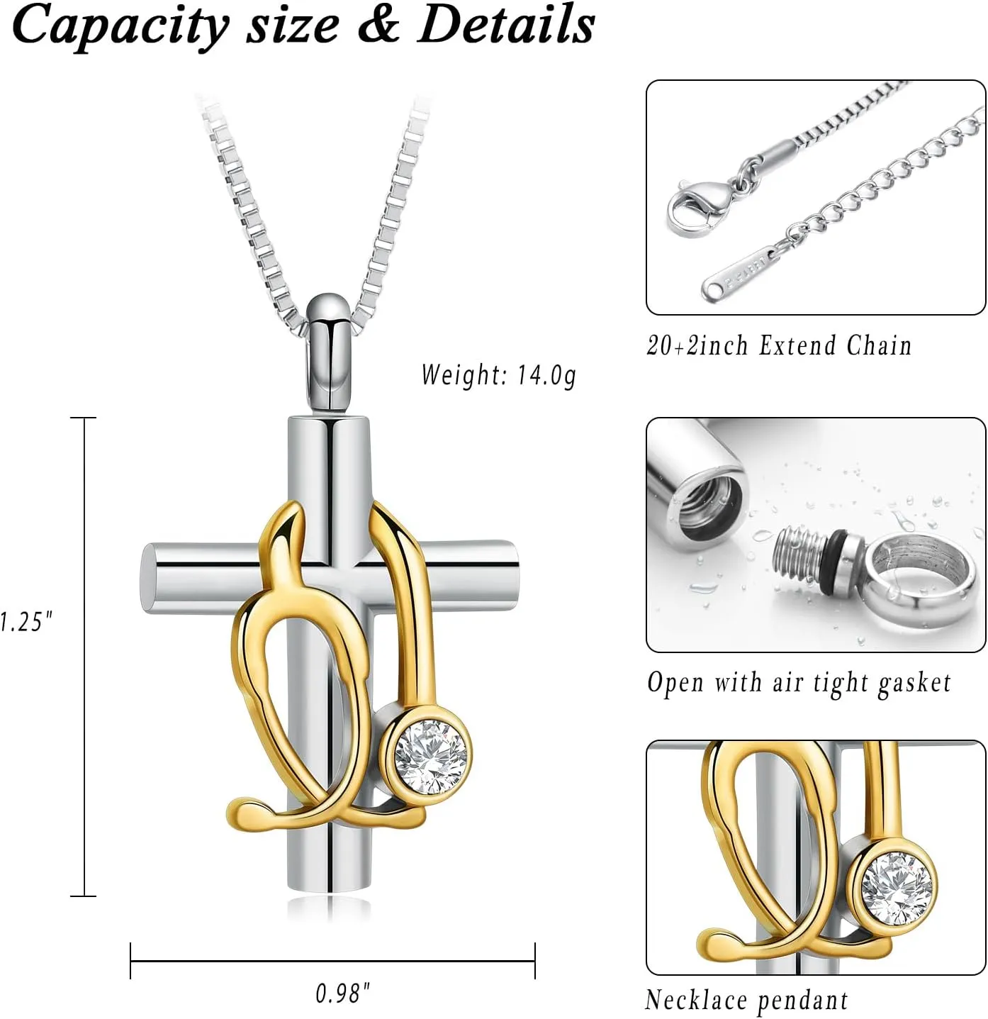 XSMZB Stethoscope Cross Urn Necklace for Ashes for Women Men Cremation Jewelry Human Pet Ash Holder Keepsake Pendant Memorial Locket