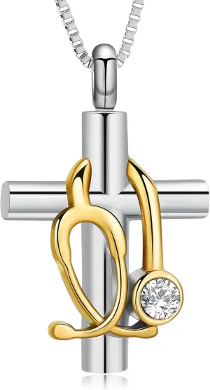 XSMZB Stethoscope Cross Urn Necklace for Ashes for Women Men Cremation Jewelry Human Pet Ash Holder Keepsake Pendant Memorial Locket